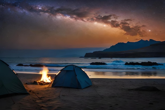 Una tenda è montata su una spiaggia con un cielo stellato sullo sfondo.