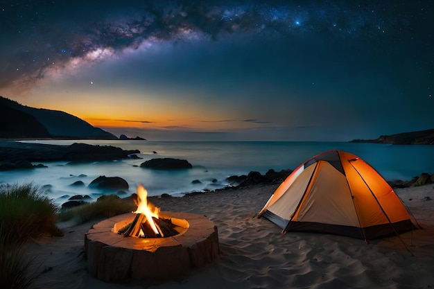 Una tenda e un falò su una spiaggia di notte