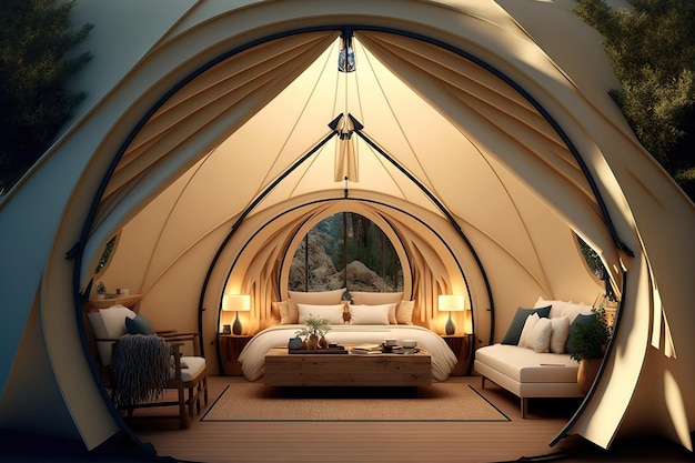 Una tenda glamping all'interno di un'opulenta tenda interna