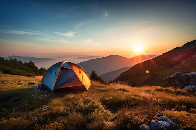 Una tenda in montagna al tramonto