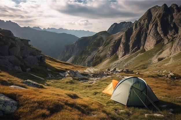 Una tenda in montagna con sopra la scritta camping