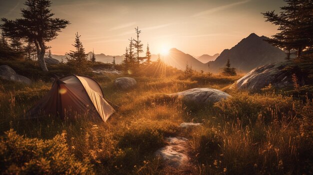 Una tenda in un campo con il sole che tramonta dietro di essa