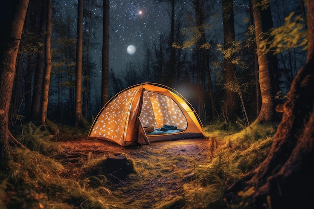 Una tenda nel bosco con la luna sullo sfondo.