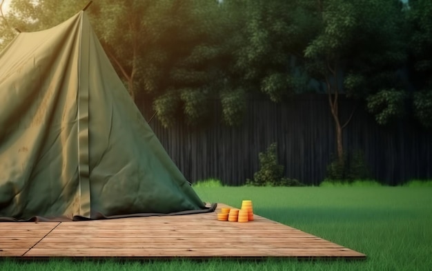 Una tenda su un ponte di legno in un cortile con una copertura verde.