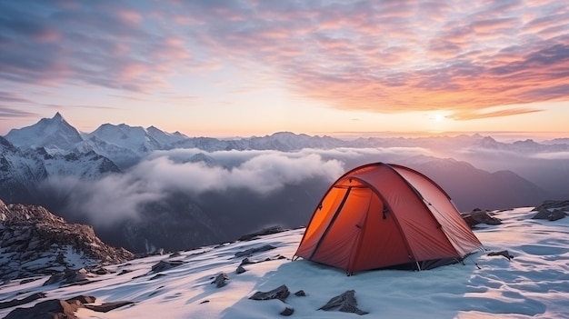 Una tenda su una montagna innevata Montagne all'alba