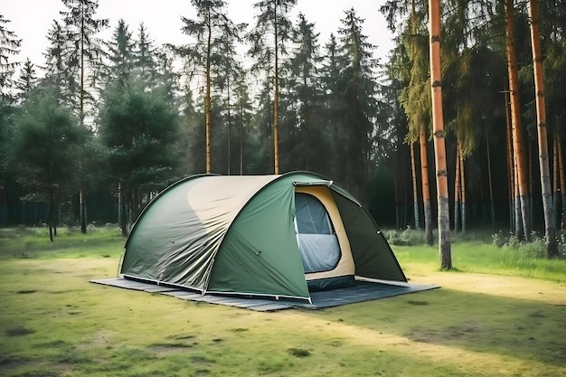 Una tenda turistica si trova su un prato nel mezzo di una foresta al mattino soleggiato