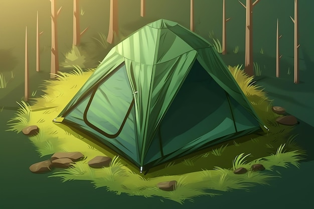 Una tenda verde nel bosco con sopra la scritta camping.