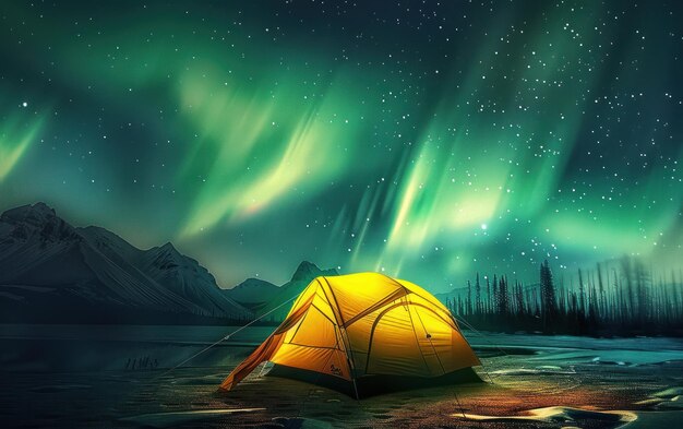 Una tenda vibrante brilla sotto l'affascinante Aurora Boreale