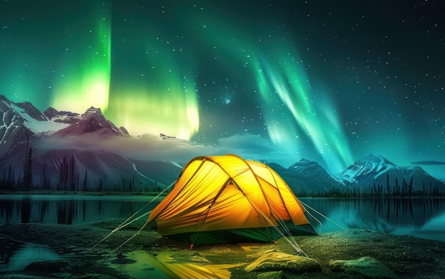 Una tenda vibrante brilla sotto l'affascinante Aurora Boreale