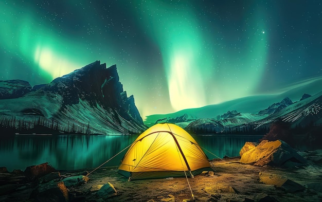 Una tenda vibrante brilla sotto l'affascinante Aurora Boreale