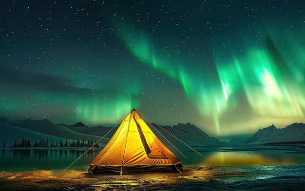 Una tenda vibrante brilla sotto l'affascinante Aurora Boreale