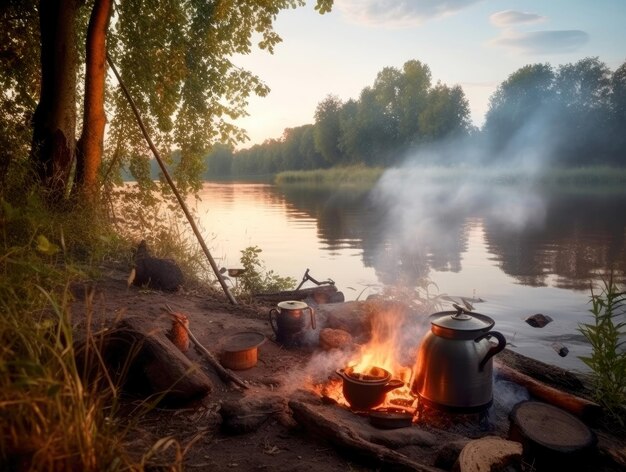 Una tenda vicino al fiume in estate con un fuoco e un cappello da bowler