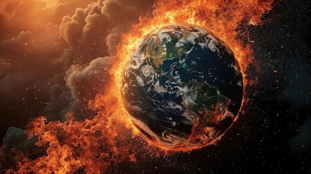 una Terra in fiamme che simboleggia la crisi dell'impatto ambientale e le campagne di sensibilizzazione