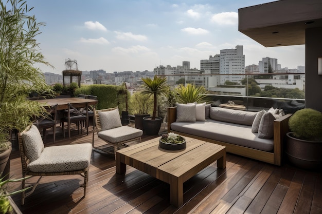 Una terrazza splendidamente arredata con vista sullo skyline della città creata con l'IA generativa