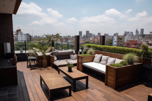 Una terrazza splendidamente arredata con vista sullo skyline della città creata con l'IA generativa