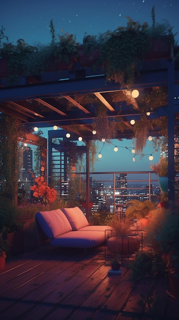 Una terrazza sul tetto con un divano e un balcone con piante e luci.