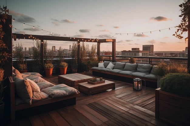 Una terrazza sul tetto con un divano e un tavolo con un divano e un tavolino da caffè con una serie di luci sospese sopra.