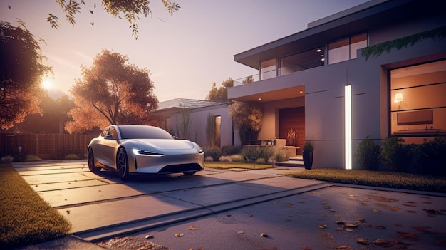 Una Tesla Model 3 è parcheggiata davanti a una casa.