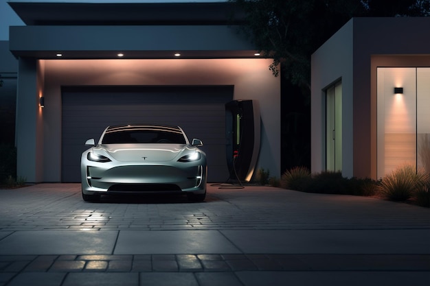 Una Tesla pronta a circolare davanti a una casa moderna