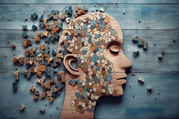 Una testa con un pezzo di puzzle fatto di pezzi di legno e la parola puzzle sopra