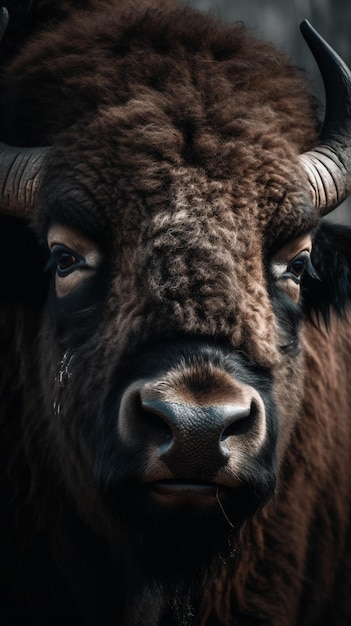 Una testa di bisonte con un naso nero e un naso nero.