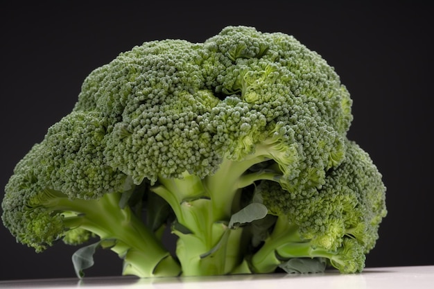 Una testa di broccoli è su un tavolo con uno sfondo nero.