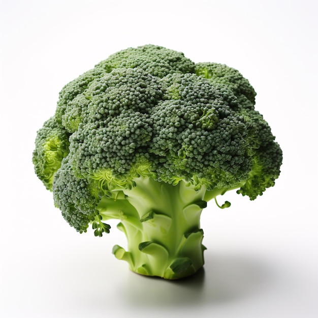 una testa di broccoli su una superficie bianca