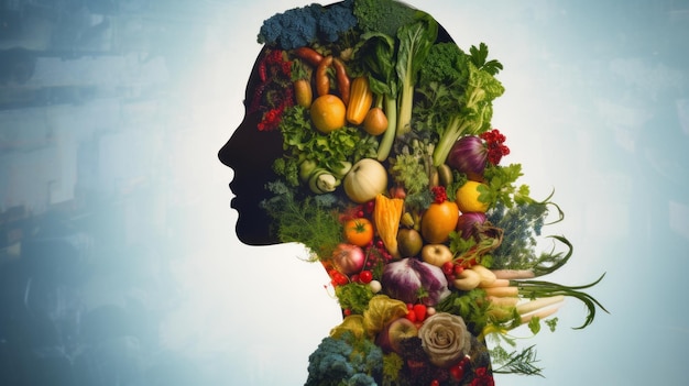 Una testa di donna composta da frutta e verdura