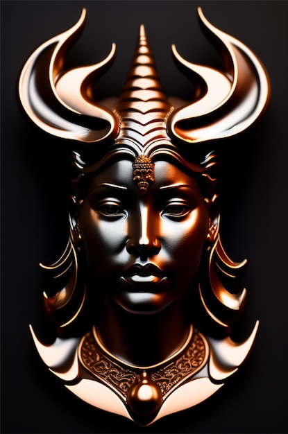 Una testa di donna in bronzo con corna e corna.