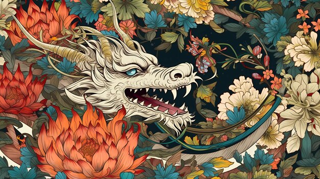 Una testa di drago circondata da fiori e foglie