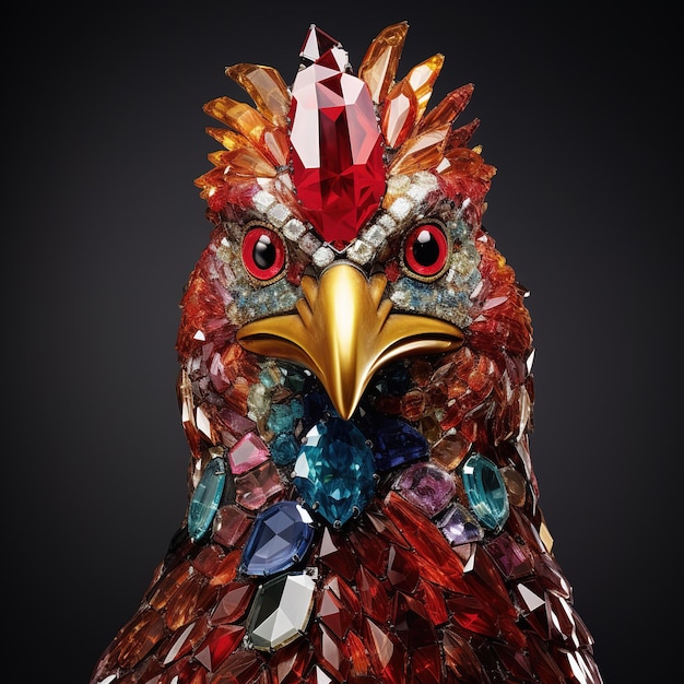 Una testa di gallo fatta di belle pietre preziose Animali da fattoria Decorazioni Illustrazione AI generativa