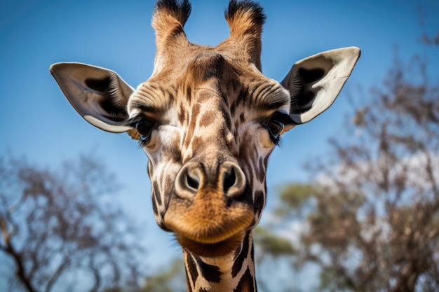 Una testa di giraffa di fronte alla telecamera