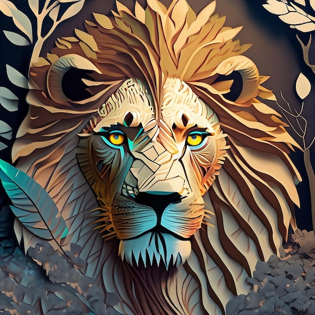 Una testa di leone con una criniera blu e occhi verdi.