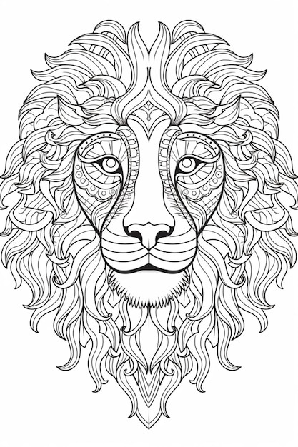 Una testa di leone con una grande criniera e un disegno su di essa.