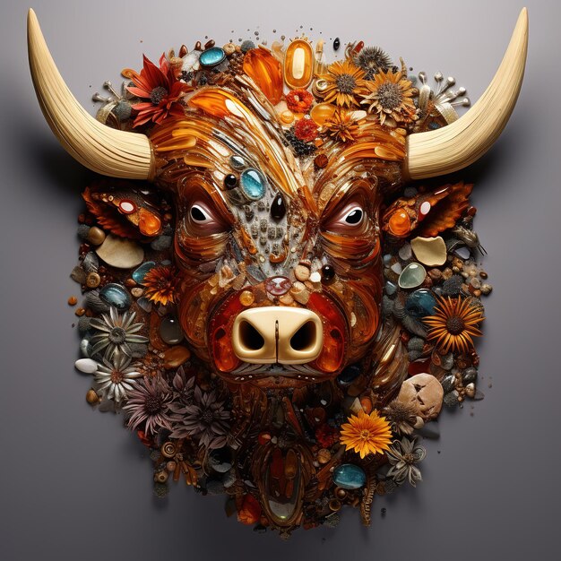 Una testa di mucca fatta di bellissime pietre preziose Animali da fattoria Decorazioni Illustrazione Generative AI