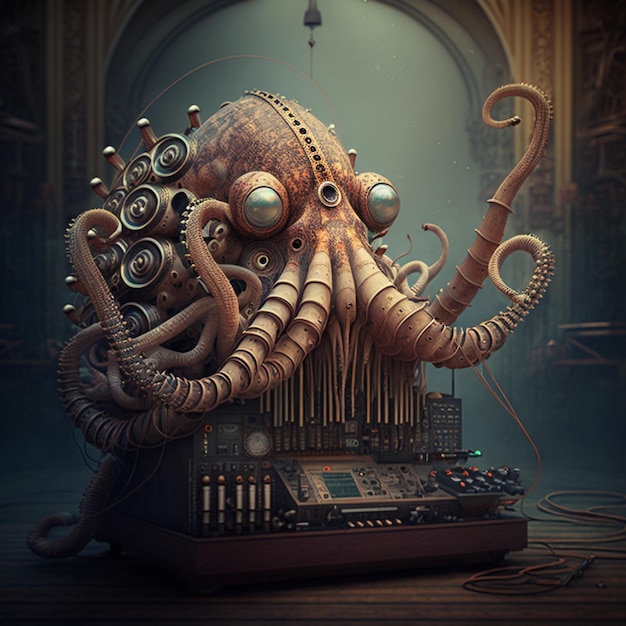 Una testa di polpo con molti tentacoli è seduta su un giradischi.