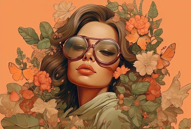 una testa di ragazza con fiori e occhiali su di esso nello stile di dettagliati