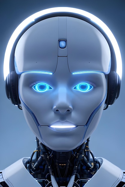 Una testa di robot con gli occhi azzurri e una luce blu su di essa.