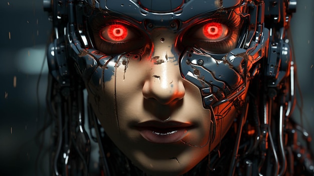 Una testa di robot con gli occhi rossi chiude il robot