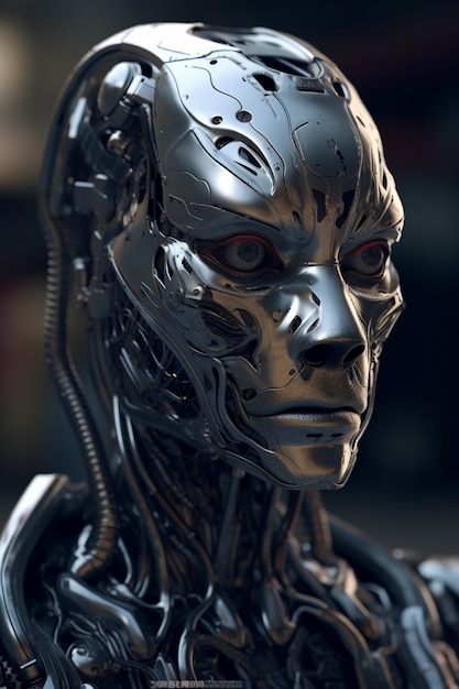 Una testa di robot con un volto umano e un occhio rosso.