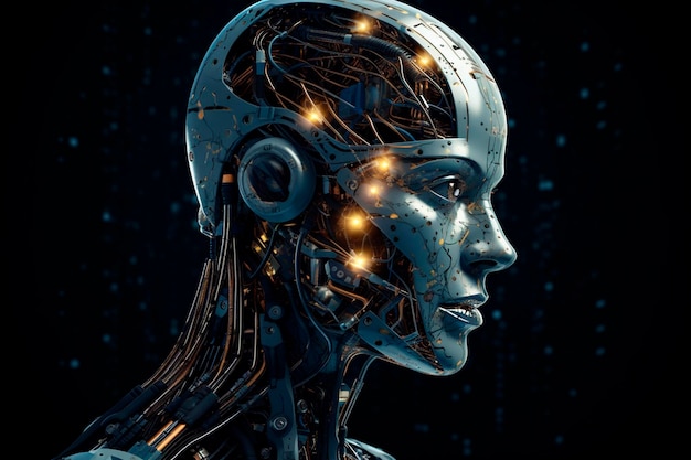 Una testa di un'intelligenza artificiale con luci incandescenti e uno sfondo nero