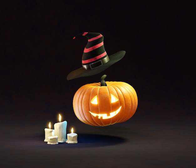 Una testa di zucca volante con un cappello e candele