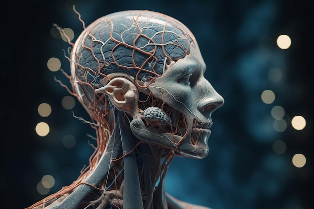 Una testa e un collo umani con il cervello e le vene visibili.