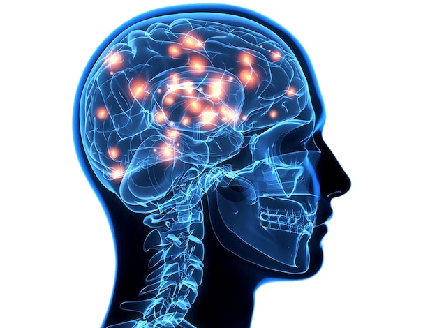 una testa umana con il cervello etichettato con il cervello labelato con il cervello