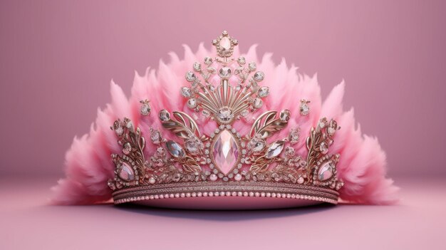 Una tiara con una piuma rosa su di essa è su uno sfondo rosa.