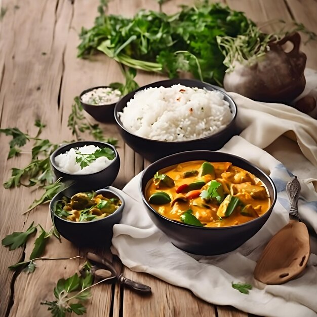 Una tigela de caril de legumes com arroz e naan sobre uma mesa de madeira con especiarias e ervas