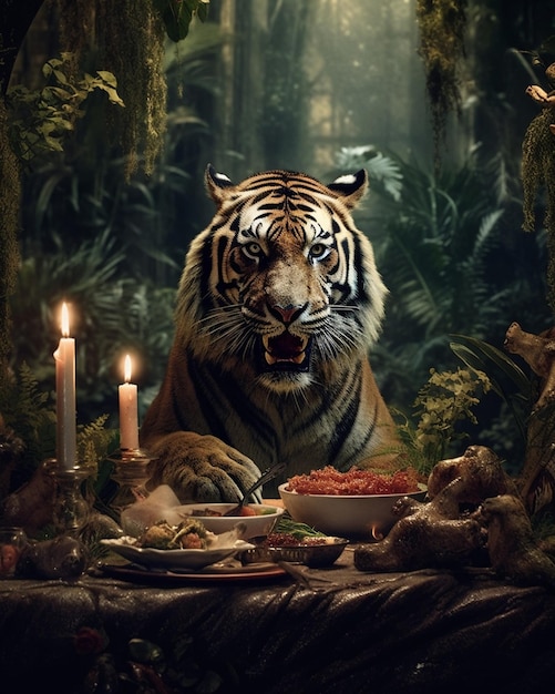 Una tigre a un tavolo con un piatto di cibo