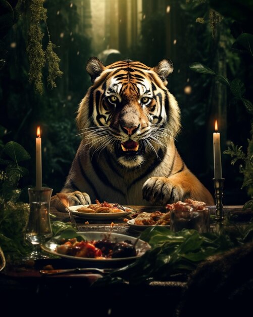 Una tigre a un tavolo con una candela sullo sfondo