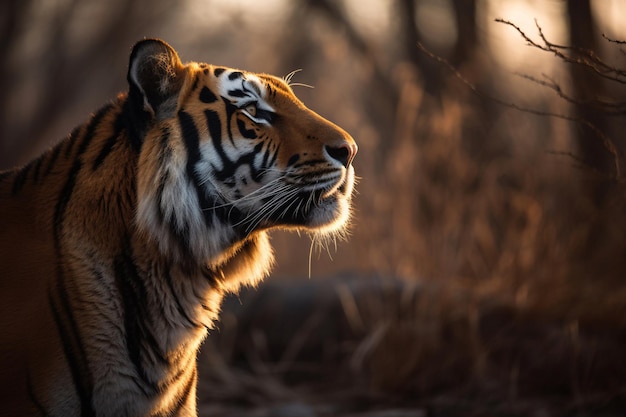 Una tigre allo stato brado al tramonto