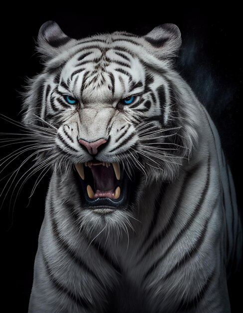 Una tigre bianca con gli occhi azzurri mostra i denti.